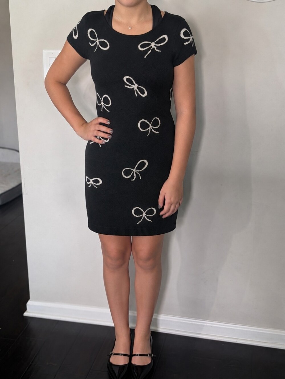 Black Bow-Print Knit Casual Dress